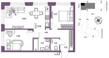 3-к. квартира, 59&nbsp;м²