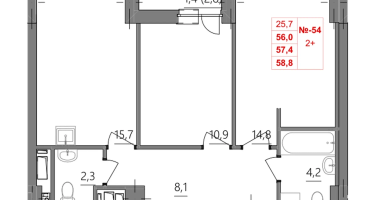 2-к. квартира, 57 м²