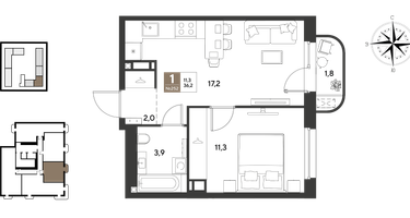 1-к. квартира, 36 м²