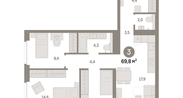 3-к. квартира, 69 м²