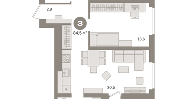 3-к. квартира, 87&nbsp;м²
