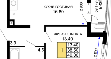 1-к. квартира, 40&nbsp;м²