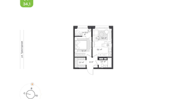 1-к. квартира, 34&nbsp;м²