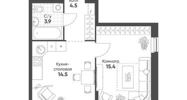 1-к. квартира, 38&nbsp;м²