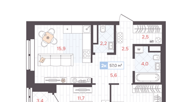 2-к. квартира, 57&nbsp;м²