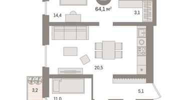2-к. квартира, 64&nbsp;м²