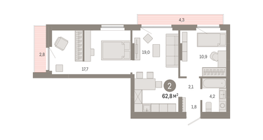 2-к. квартира, 62 м²