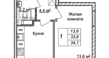 1-к. квартира, 34&nbsp;м²