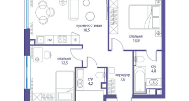 2-к. квартира, 61 м²