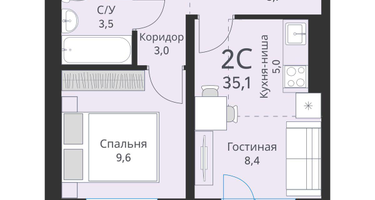 2-к. квартира, 35&nbsp;м²