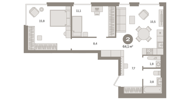 2-к. квартира, 64 м²