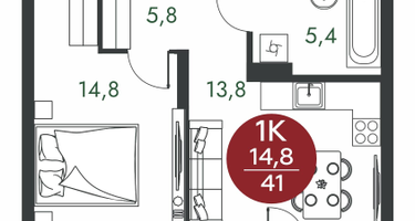 1-к. квартира, 41 м²