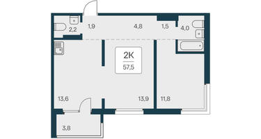 2-к. квартира, 57 м²