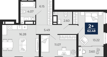 2-к. квартира, 62&nbsp;м²