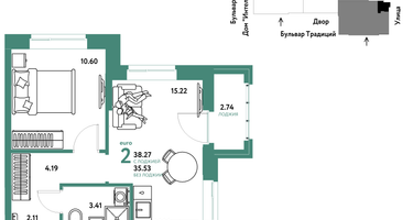 2-к. квартира, 38&nbsp;м²