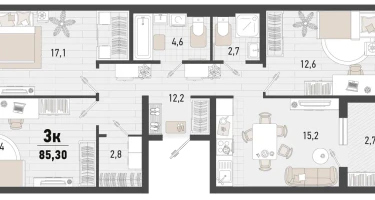 3-к. квартира, 82&nbsp;м²
