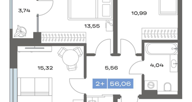 2-к. квартира, 56&nbsp;м²