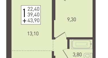 1-к. квартира, 43 м²