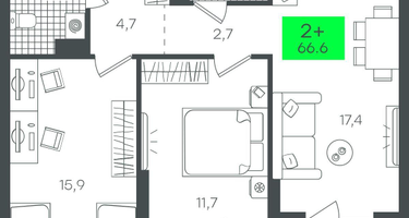 2-к. квартира, 66&nbsp;м²