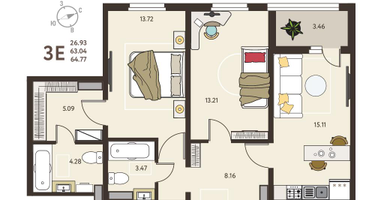 2-к. квартира, 64&nbsp;м²