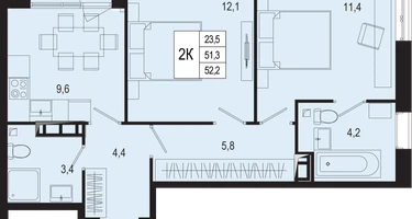 2-к. квартира, 51&nbsp;м²