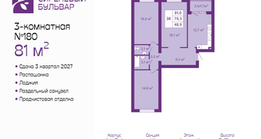 3-к. квартира, 81&nbsp;м²