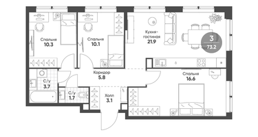 3-к. квартира, 73 м²