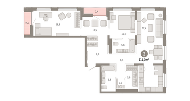 3-к. квартира, 111&nbsp;м²