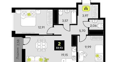 2-к. квартира, 59&nbsp;м²