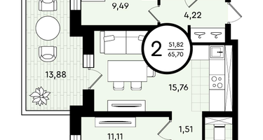 2-к. квартира, 65 м²