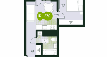 1-к. квартира, 37&nbsp;м²