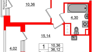 1-к. квартира, 36&nbsp;м²