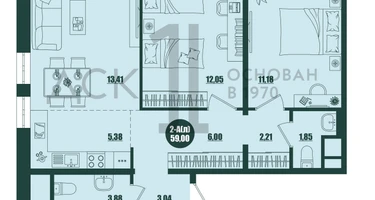 2-к. квартира, 59 м²
