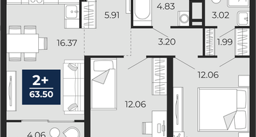 2-к. квартира, 59&nbsp;м²