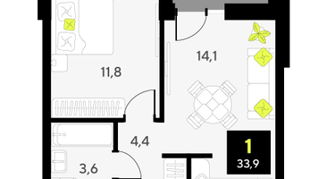 1-к. квартира, 33&nbsp;м²