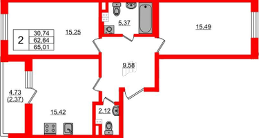 2-к. квартира, 63&nbsp;м²