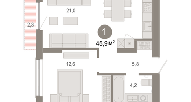1-к. квартира, 45&nbsp;м²