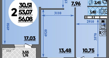 2-к. квартира, 56 м²