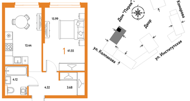 1-к. квартира, 41 м²