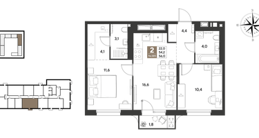 2-к. квартира, 56&nbsp;м²