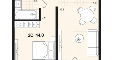 2-к. квартира, 44&nbsp;м²