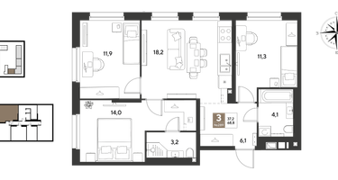 3-к. квартира, 68&nbsp;м²