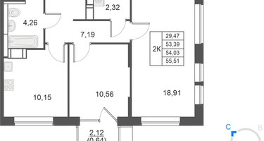 2-к. квартира, 54 м²