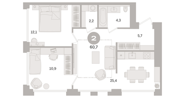 2-к. квартира, 60 м²