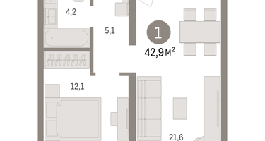 1-к. квартира, 42&nbsp;м²