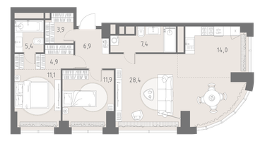 3-к. квартира, 93 м²