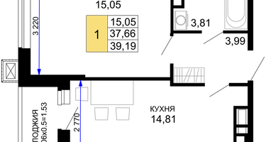 1-к. квартира, 39&nbsp;м²