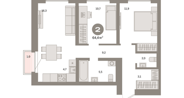 2-к. квартира, 64&nbsp;м²