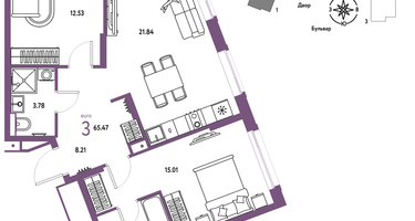 3-к. квартира, 65 м²