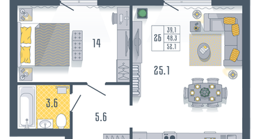 2-к. квартира, 52&nbsp;м²